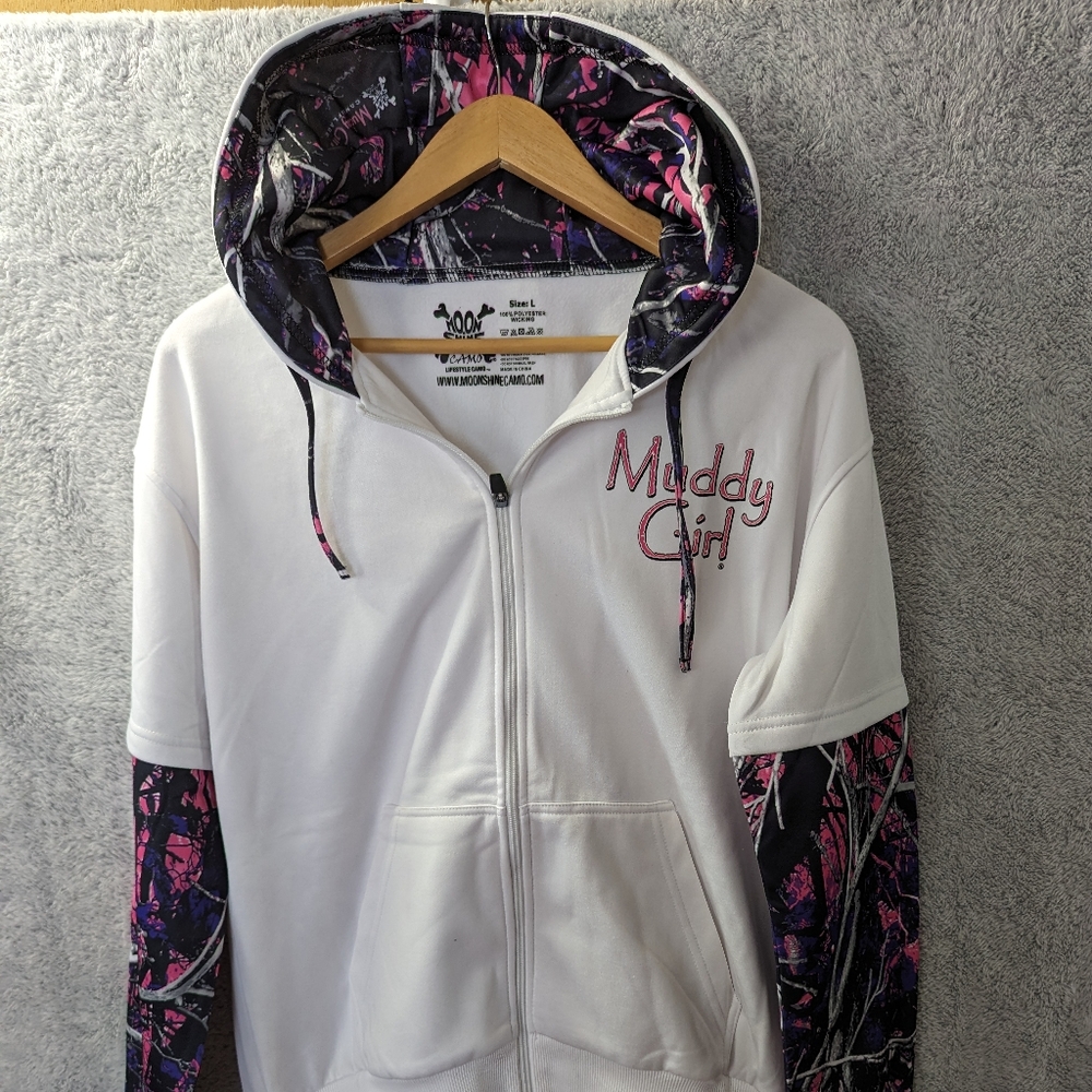 Moonshine camo muddy girl full zip women's hoodie size large